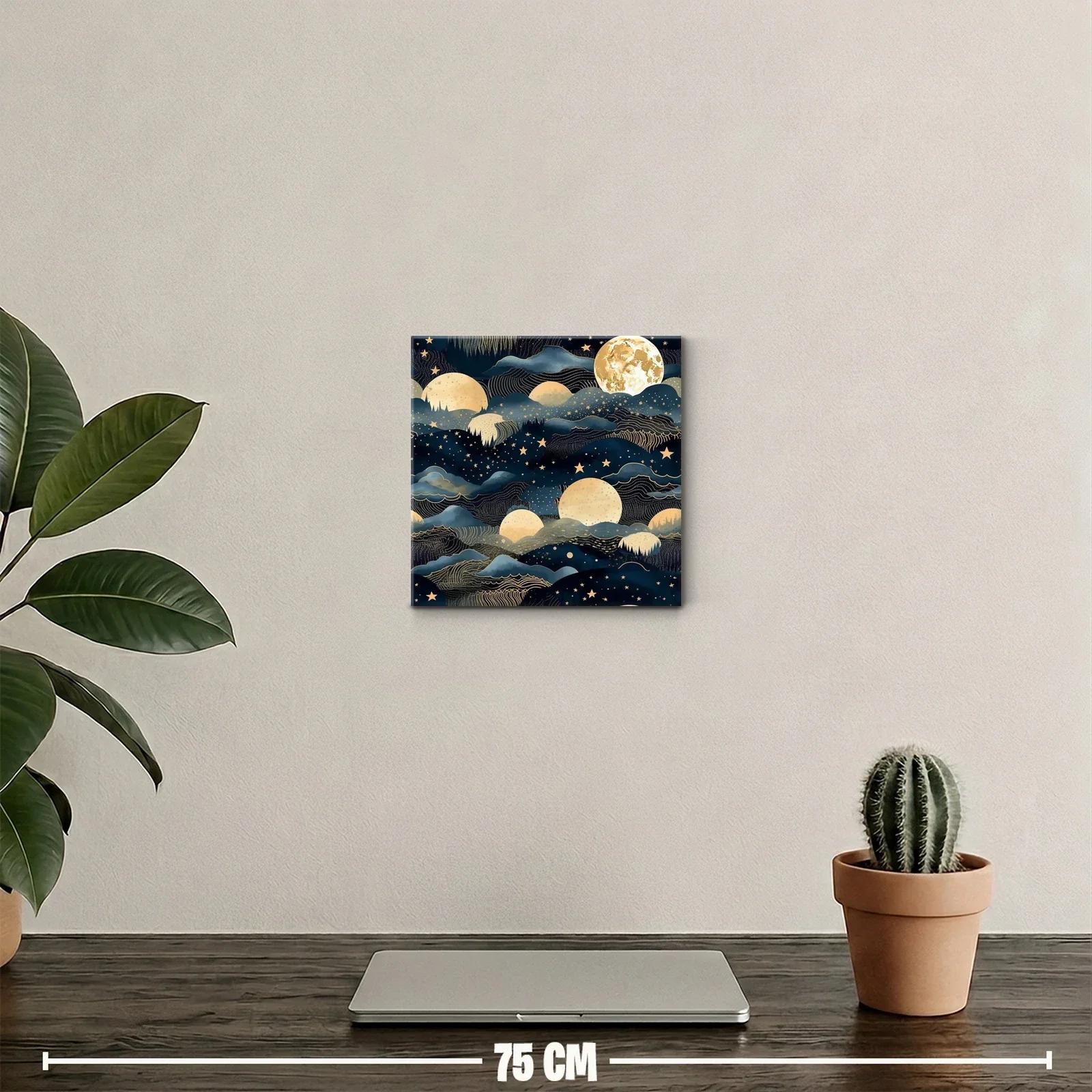 Cuadro decorativo paisaje nocturno con lunas doradas y estrellas — miniatura 2