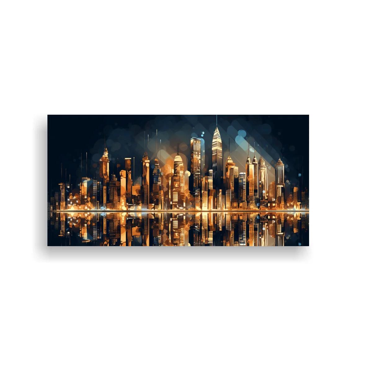 Cuadro skyline urbano nocturno con reflejo simétrico