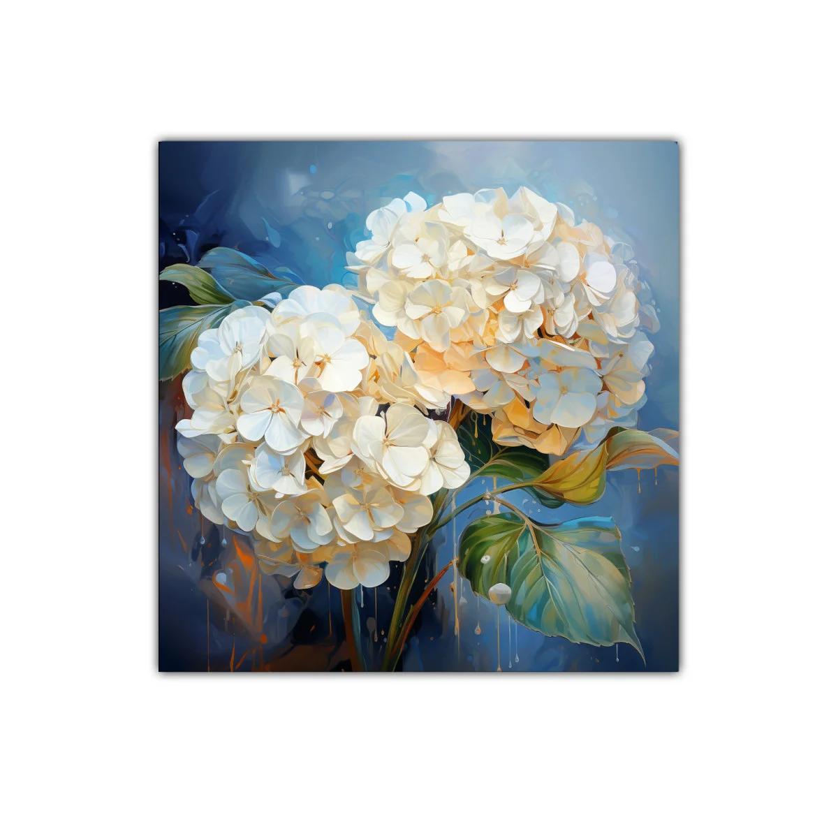Cuadro decorativo de hortensias blancas sobre fondo azul — imagen principal