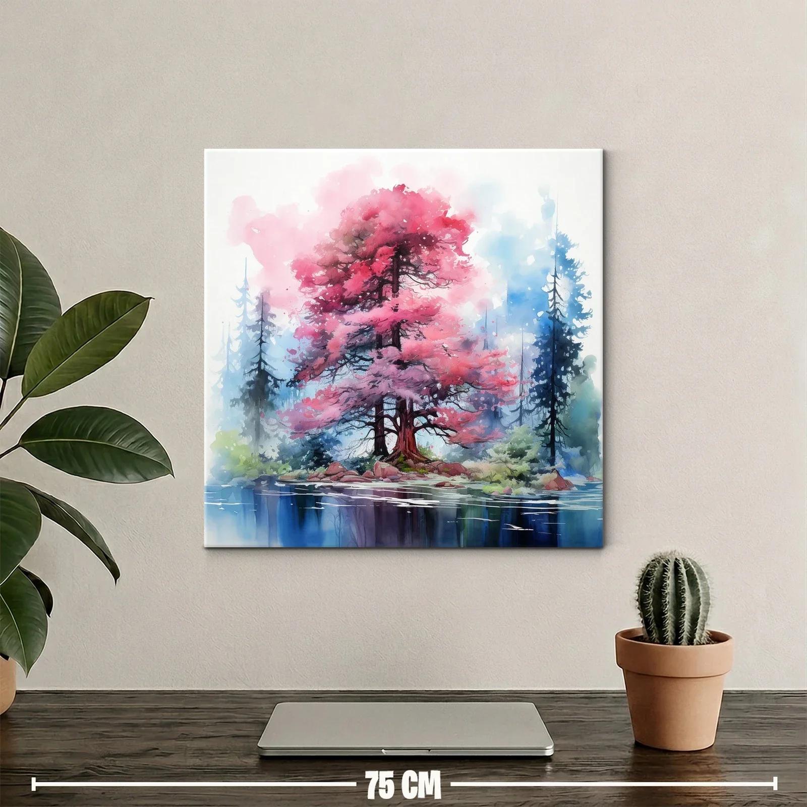 Árbol en tonos rosas y azules sobre lago sereno y bosques — miniatura 2