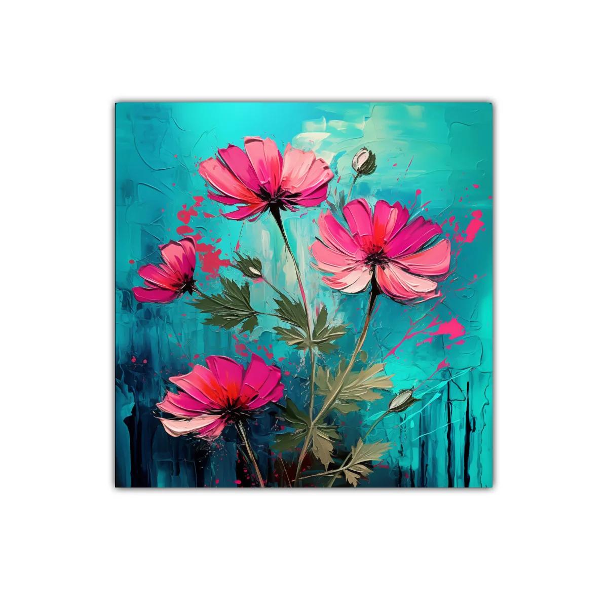 Cuadro decorativo con flores rosas sobre fondo turquesa vibrante