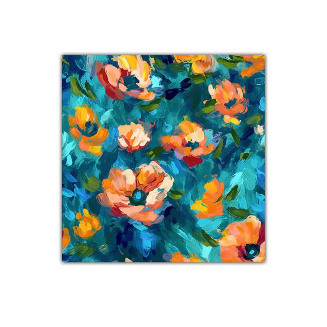 Cuadro con flores vibrantes en tonos azules y naranjas