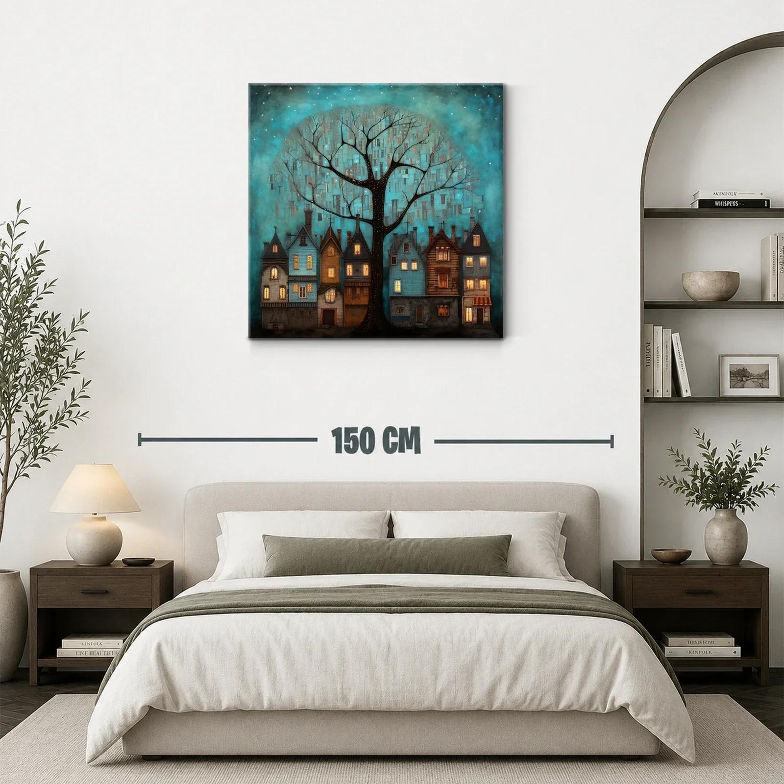 Encantador paisaje nocturno con casas y árbol iluminado — miniatura 3