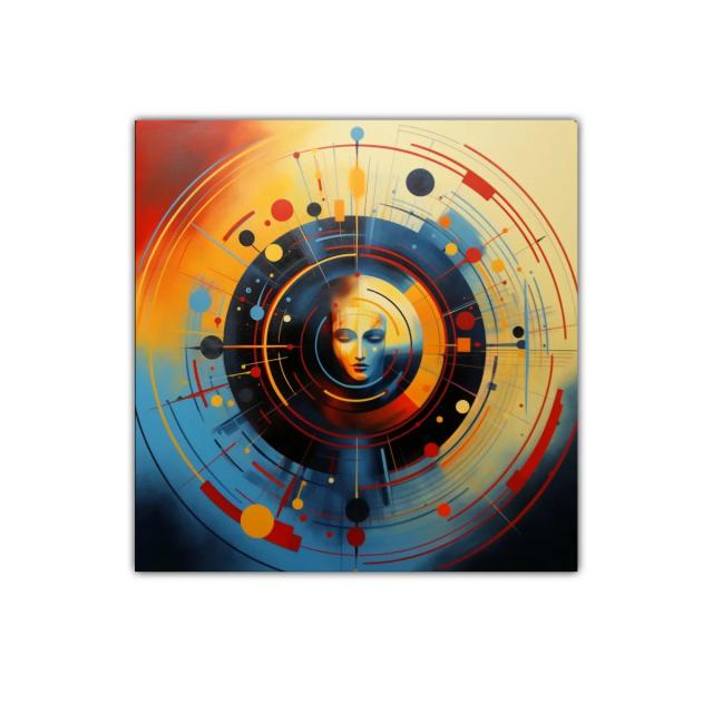 Composición circular con rostro y vibrantes colores energéticos
