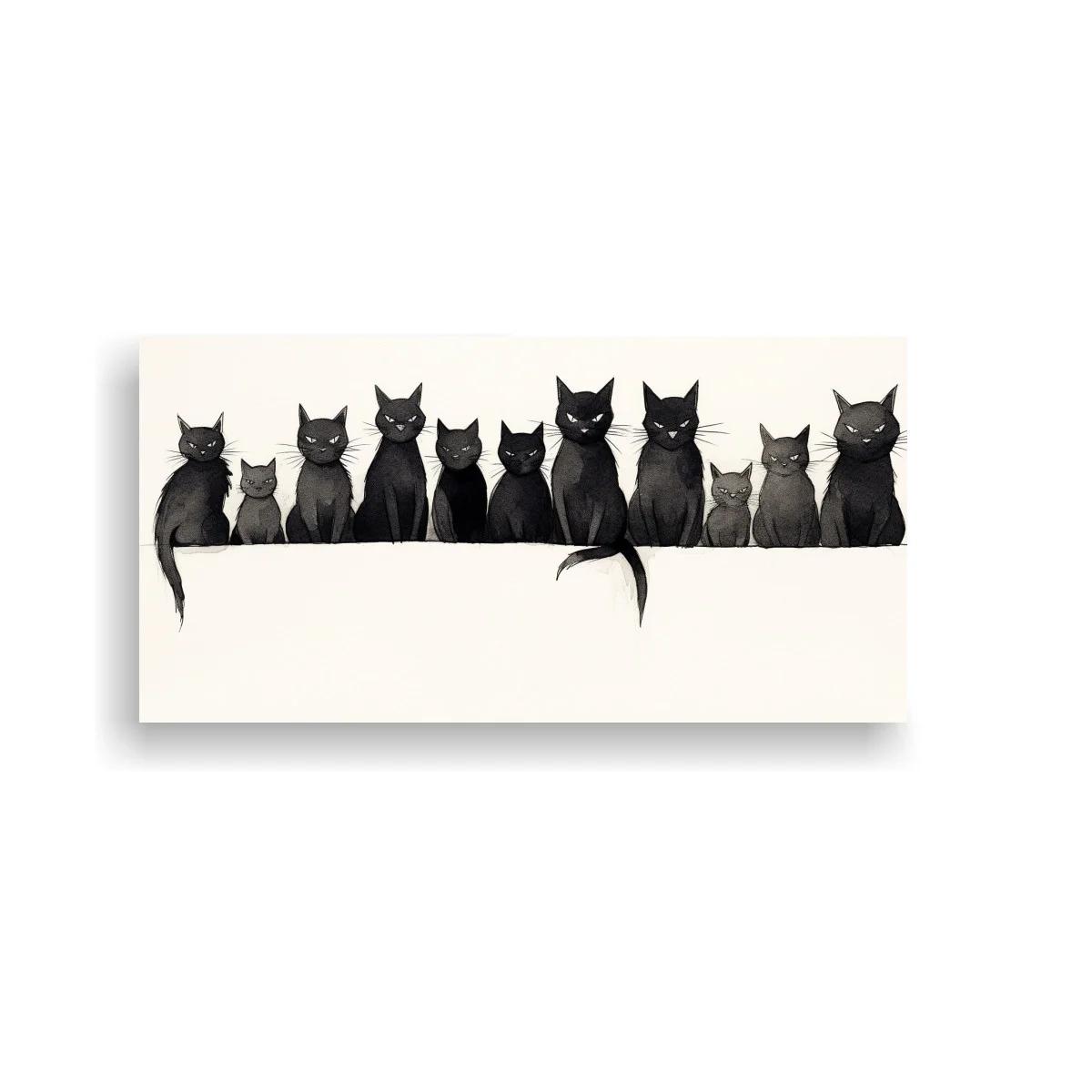 Cuadro fila de gatos negros con colas colgando