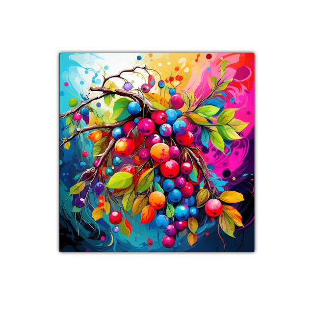 Cuadro vibrante con racimo de frutas y hojas coloridas