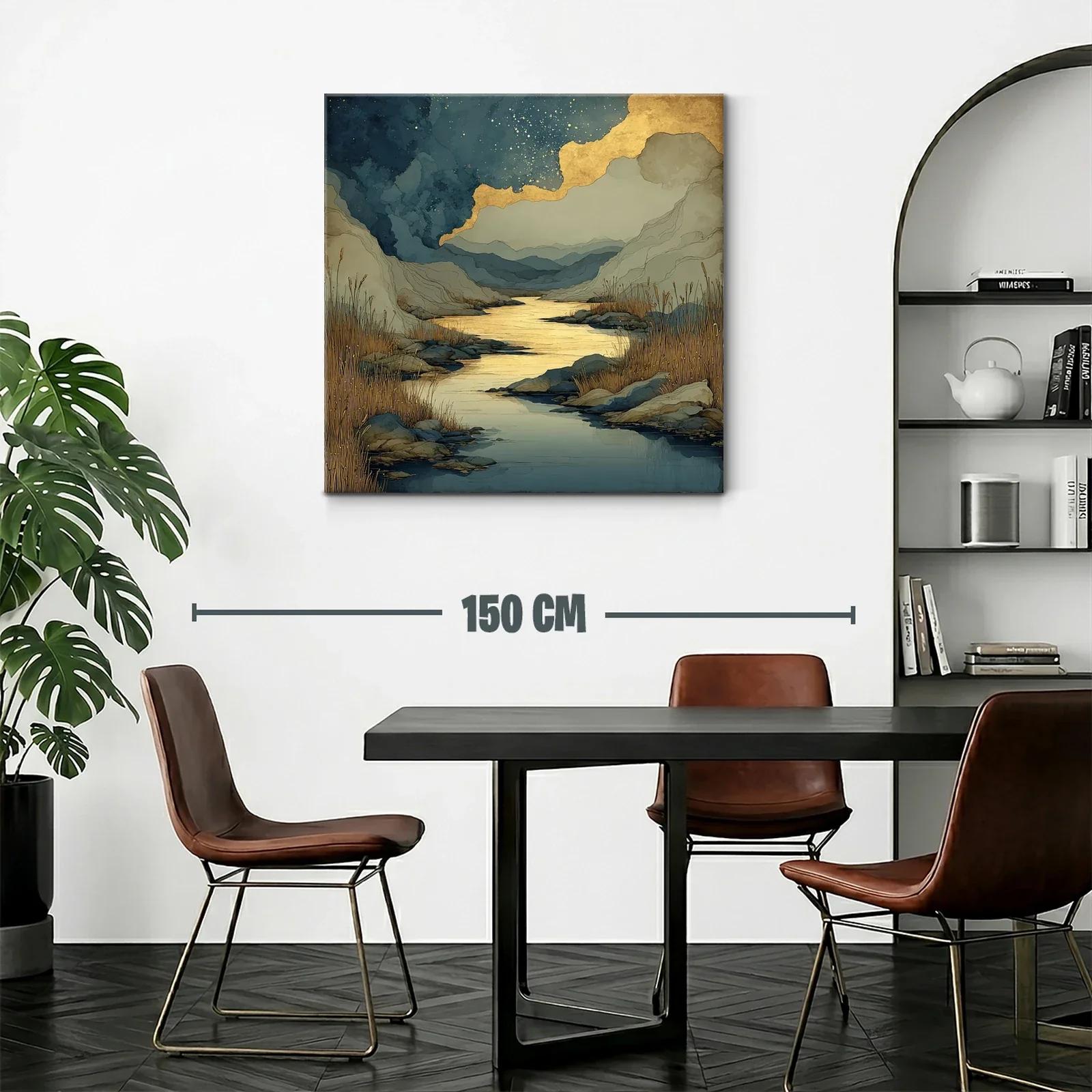 Paisaje sereno con río dorado y montañas azules — miniatura 2