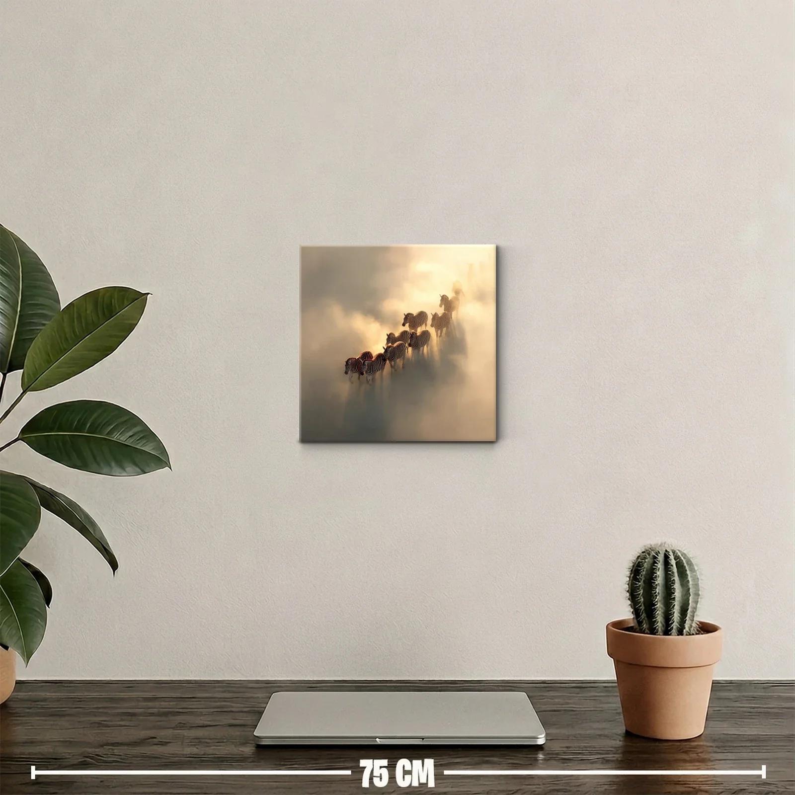 Cuadro de cebras en la niebla dorada al amanecer — miniatura 2