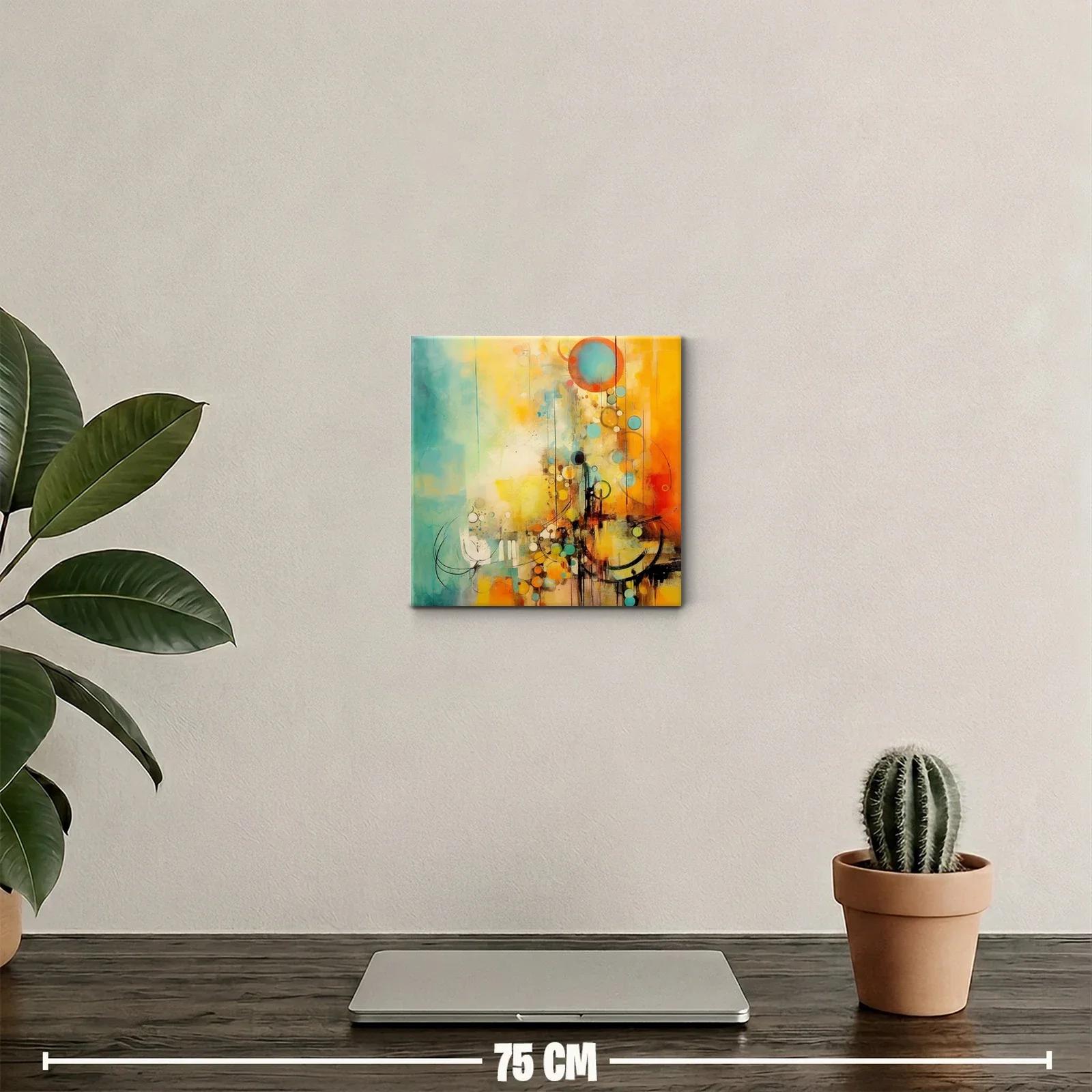 Cuadro abstracto con círculos en tonos cálidos y azules suaves — miniatura 2