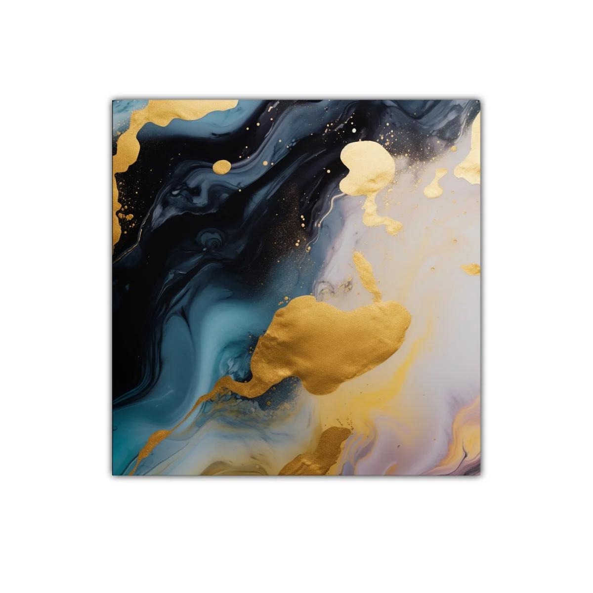 Cuadro abstracto con destellos dorados y tonos profundo azul