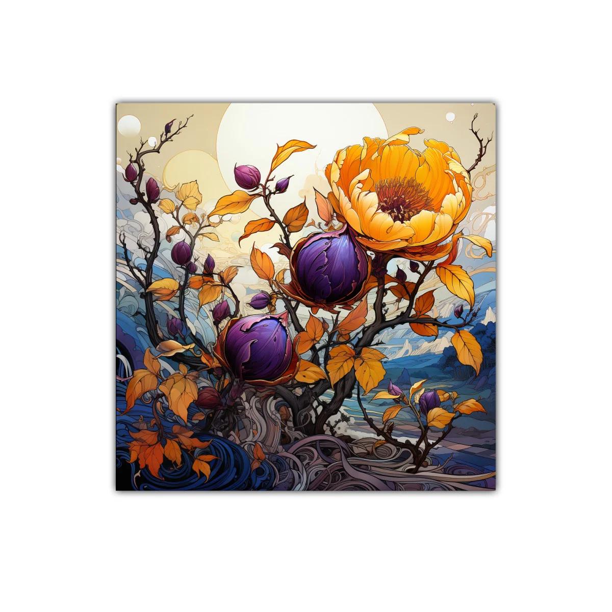 Cuadro decorativo con flores en tonos cálidos y morados