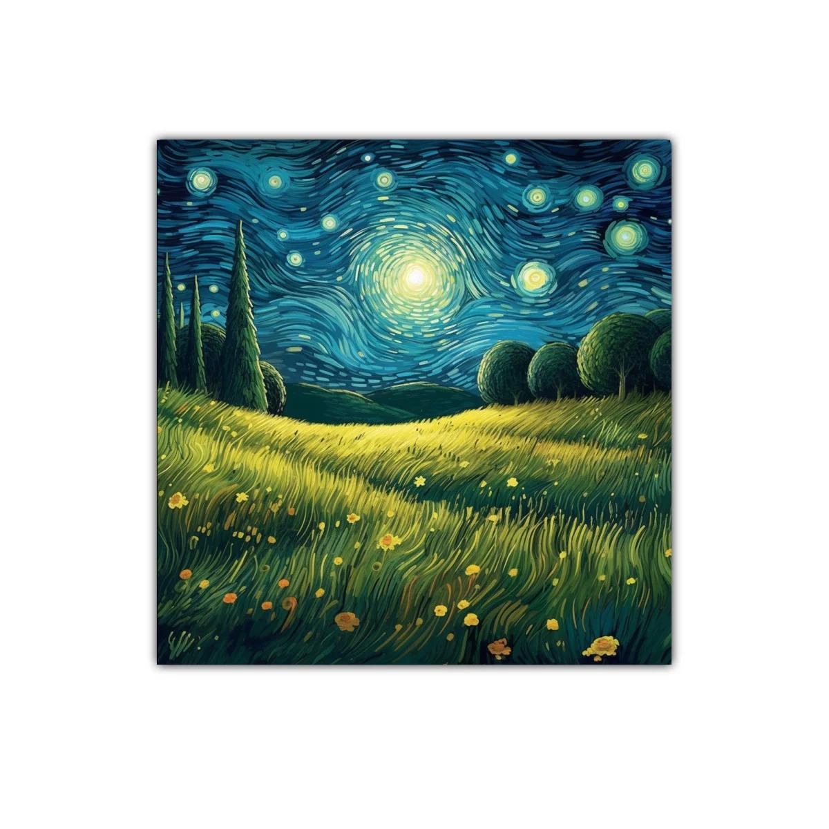 Paisaje nocturno brillante con cielo estrellado y campo de flores