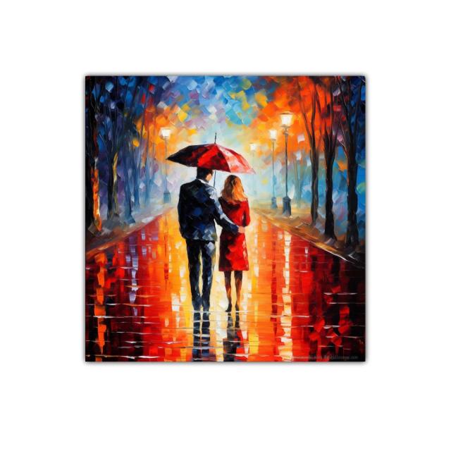 Romántico paseo nocturno bajo la lluvia con paraguas rojo