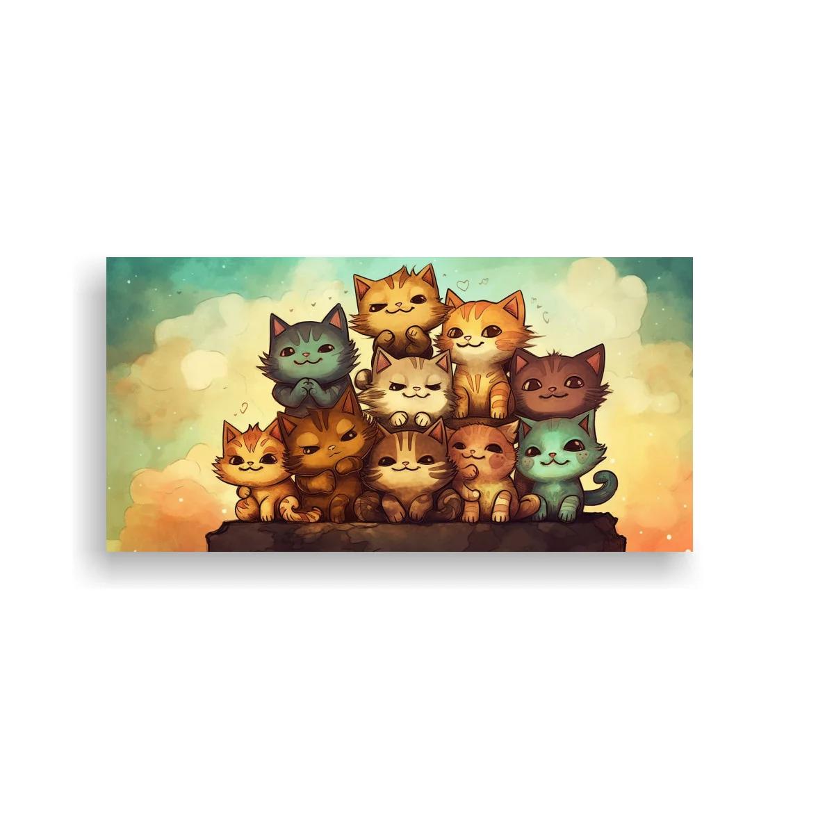 Cuadro grupo de gatos con corazones y cielo suave
