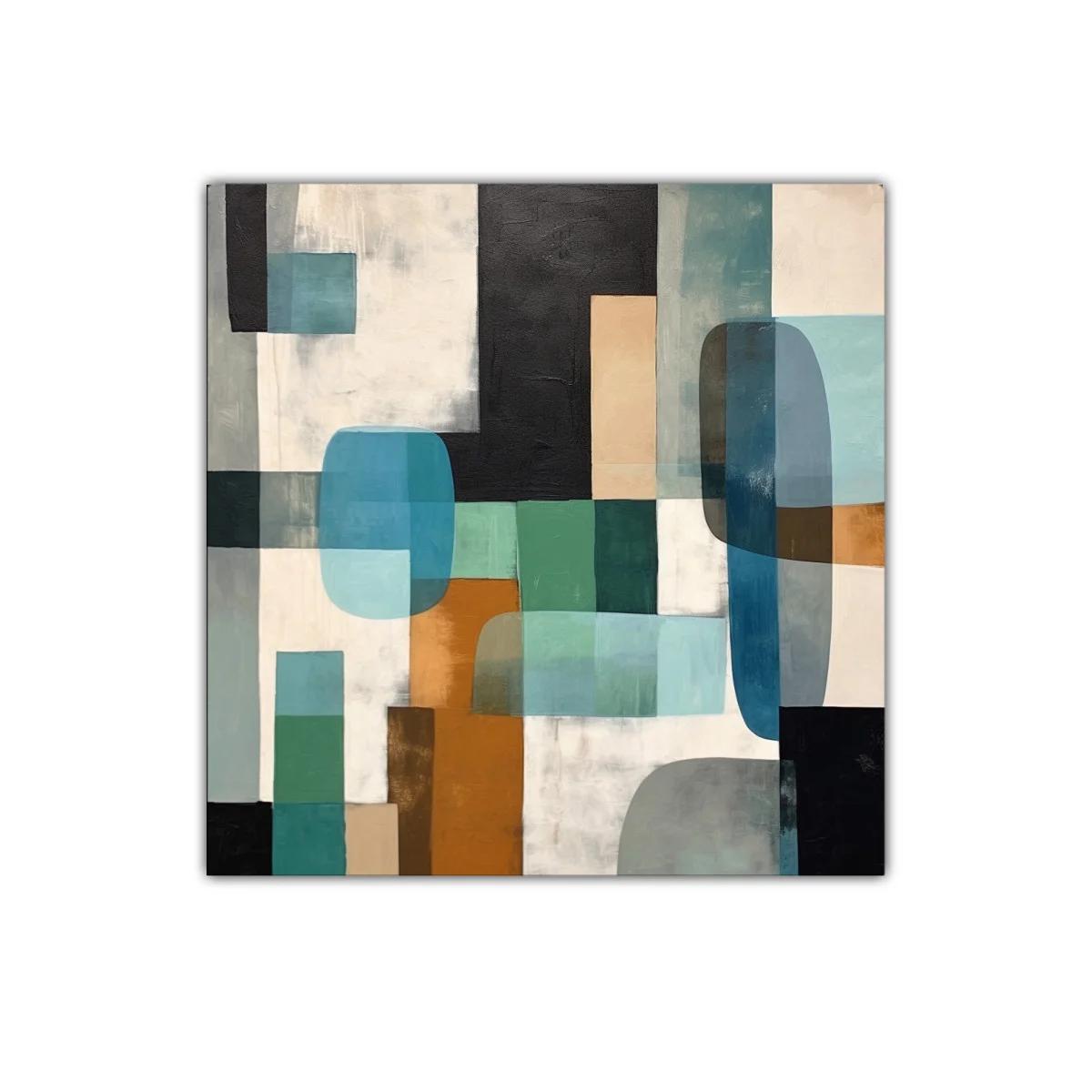 Composición abstracta con formas geométricas y tonos tierra y azules