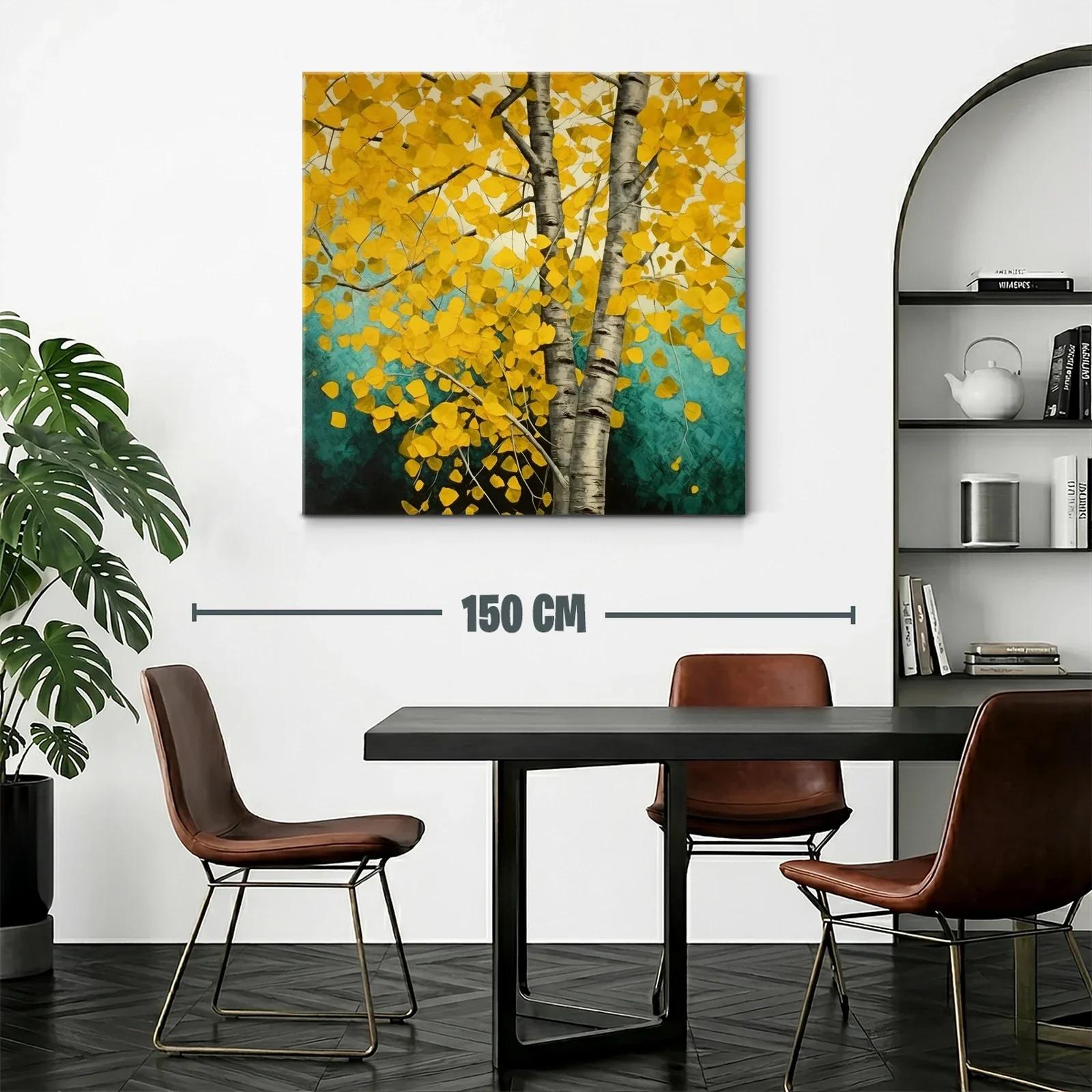 Árbol de hojas doradas con tronco plateado en fondo turquesa — miniatura 2