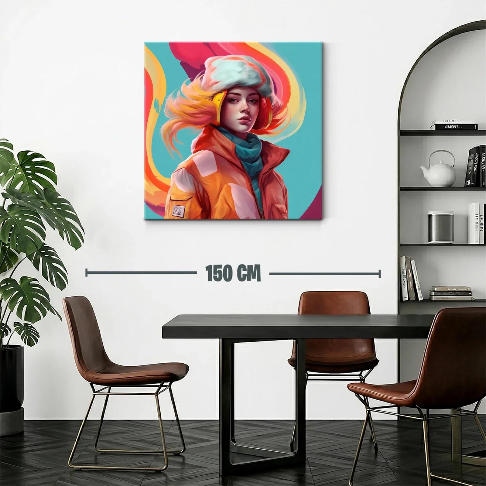 Retrato vibrante de mujer con auriculares y abrigo naranja — miniatura 2