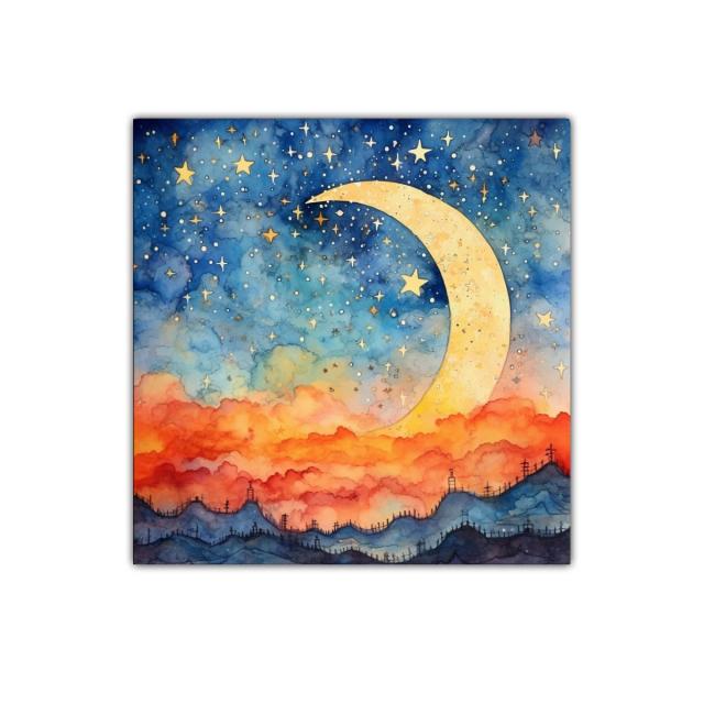 Puesta de sol mágica con luna y cielo estrellado