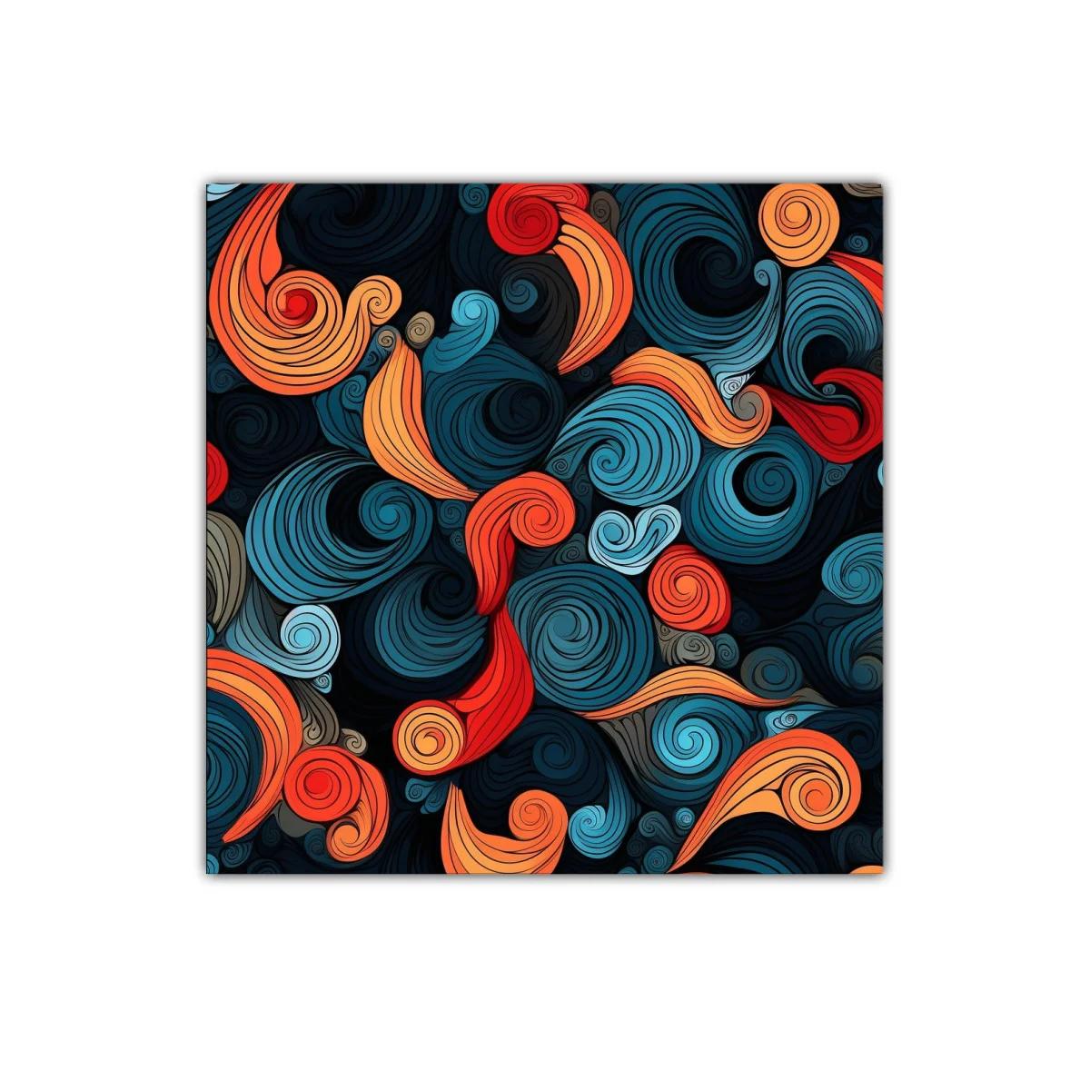 Cuadro abstracto con remolinos en tonos cálidos y fríos