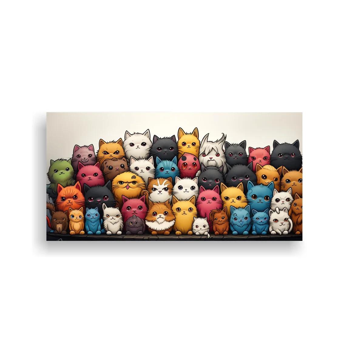 Cuadro grupo de gatos de colores en fila compacta