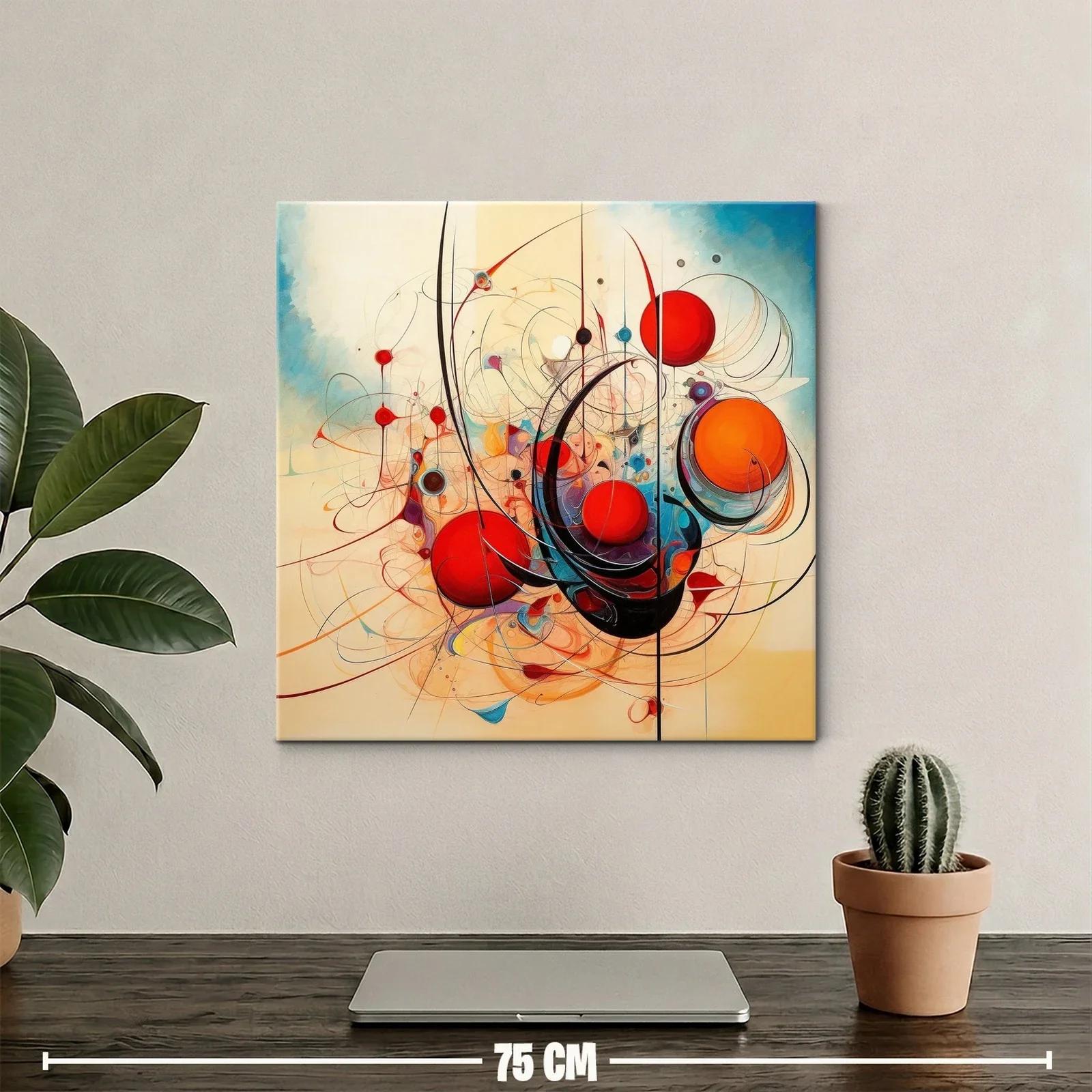 Cuadro abstracto con esferas rojas y trazos curvos dinámicos — miniatura 2