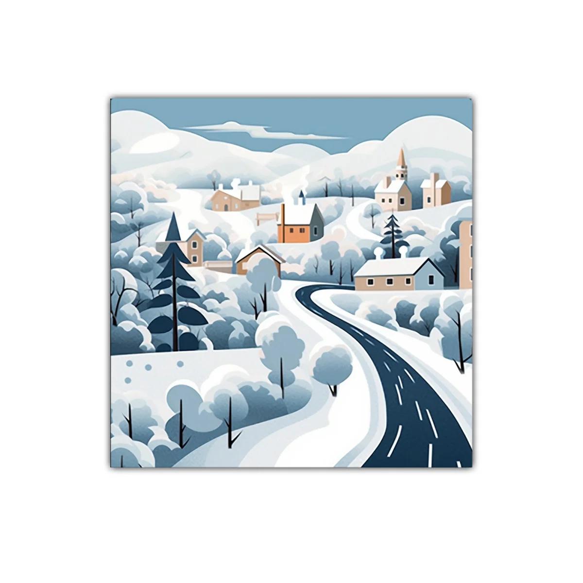 Paisaje invernal con carretera serpenteante y casas