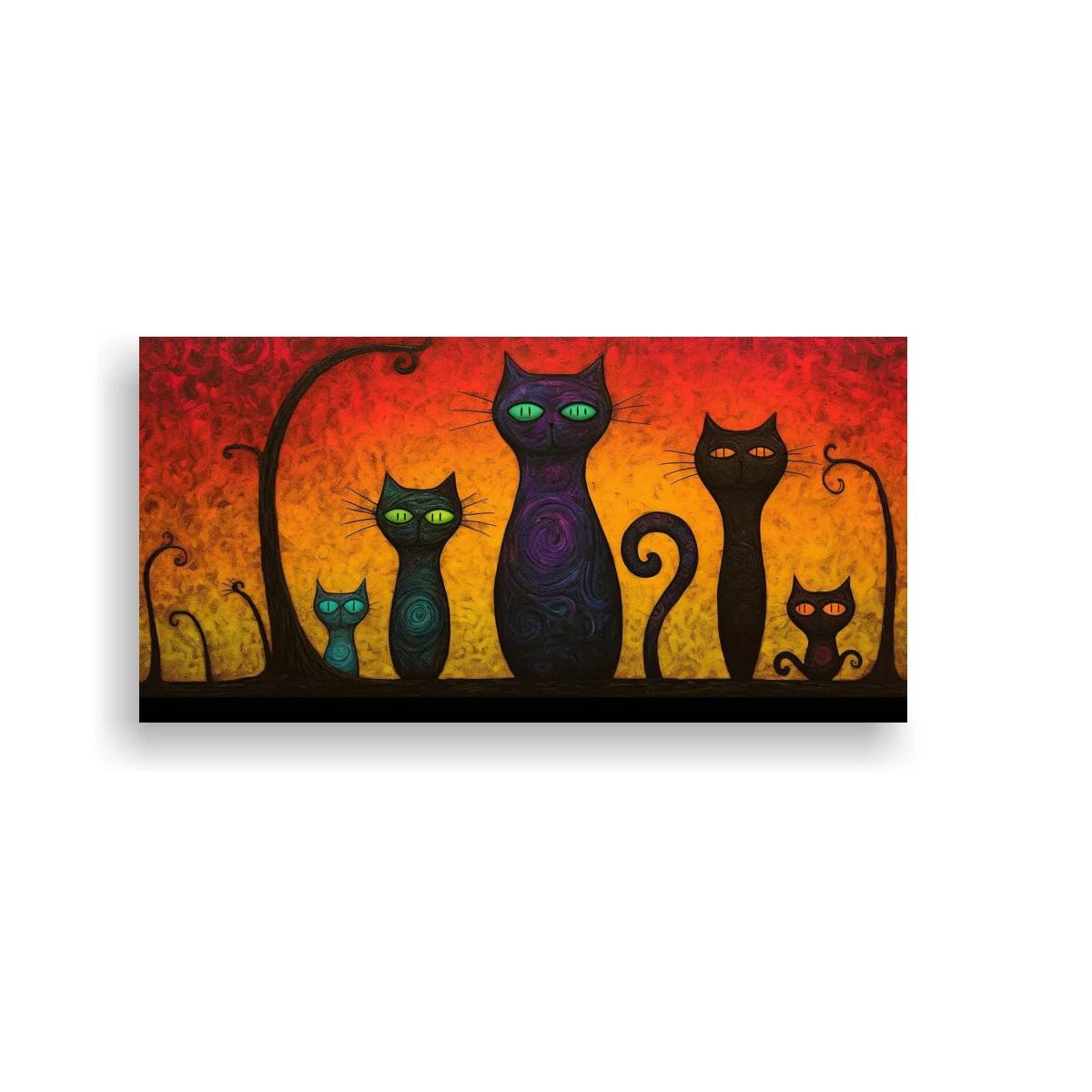 Cuadro gatos negros de ojos verdes con colas en espiral