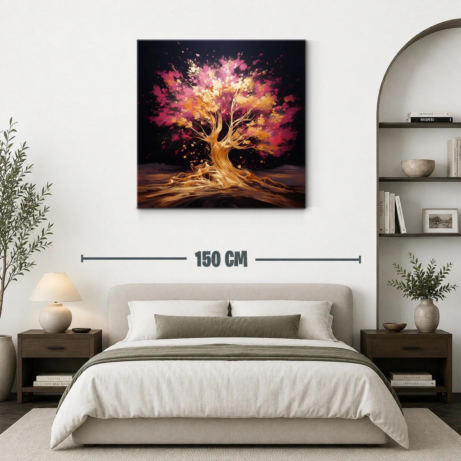 Árbol vibrante con tonos dorados y rosas en fondo oscuro — miniatura 3