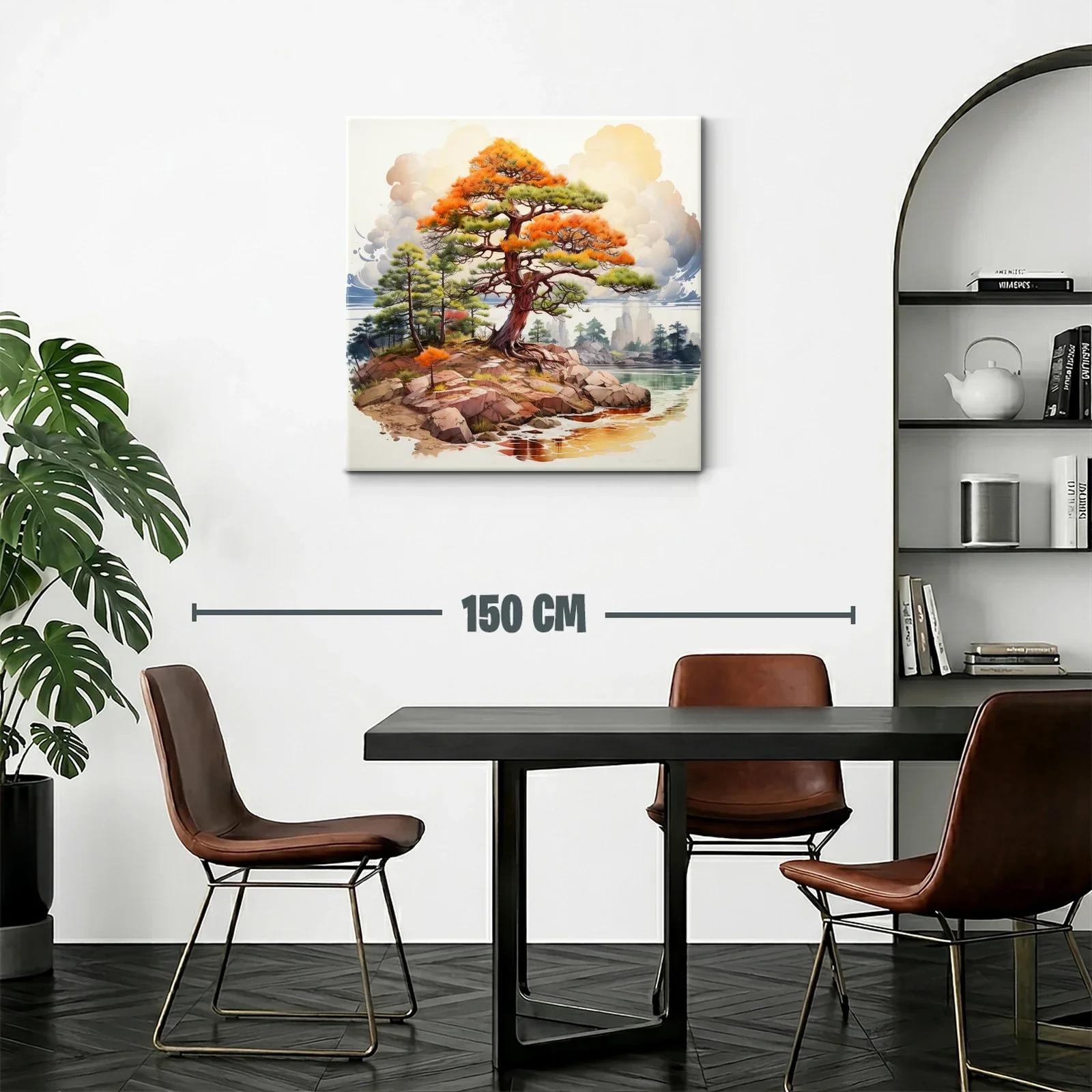 Paisaje con árbol en tonos cálidos junto al agua y rocas — miniatura 2