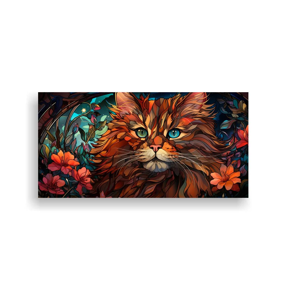 Cuadro gato atigrado de pelo largo con ojos turquesa y flores