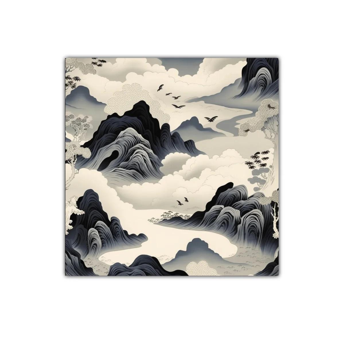 Paisaje onírico con montañas y aves en tonos neutros — miniatura 1