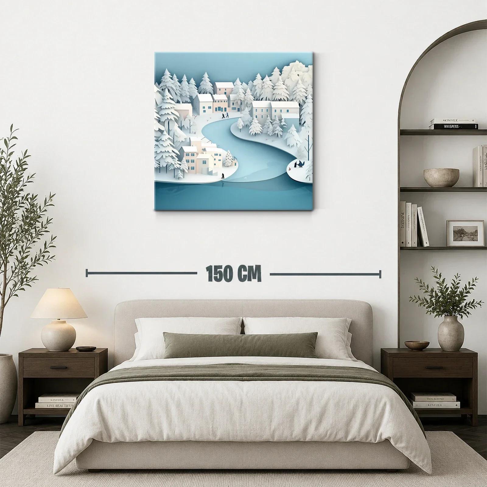 Paisaje invernal sereno con río y casas nevadas — miniatura 3