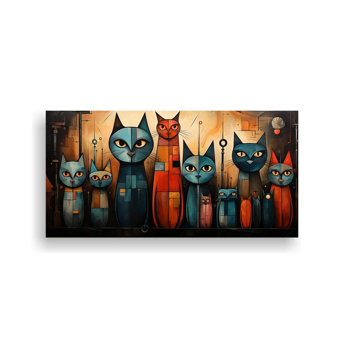 Cuadro gatos estilizados con fondo geométrico