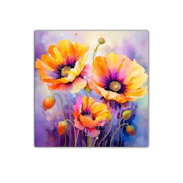 Cuadro vibrante con amapolas en tonos cálidos y fondo liláceo