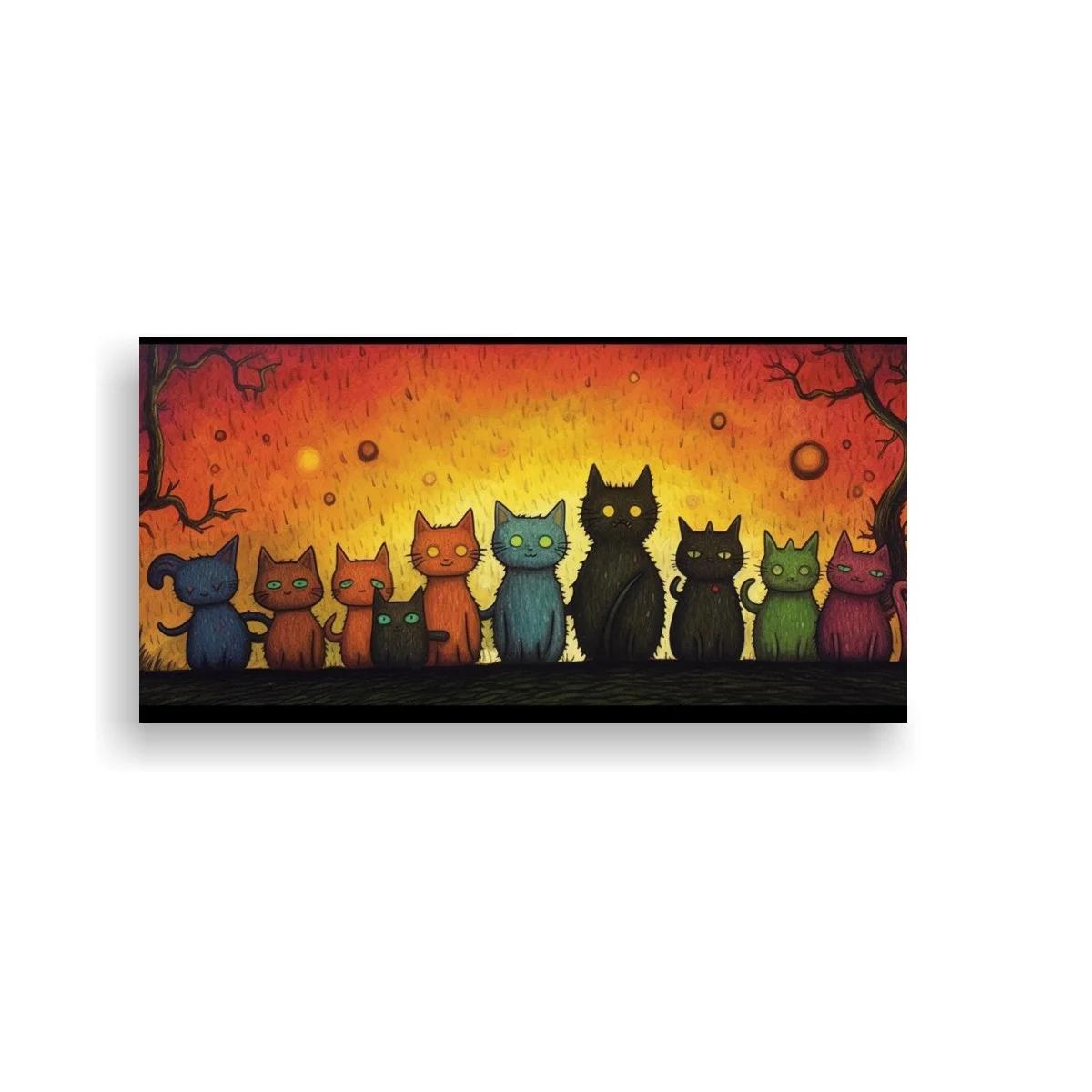 Cuadro fila de gatos de colores con lunas flotantes — imagen principal
