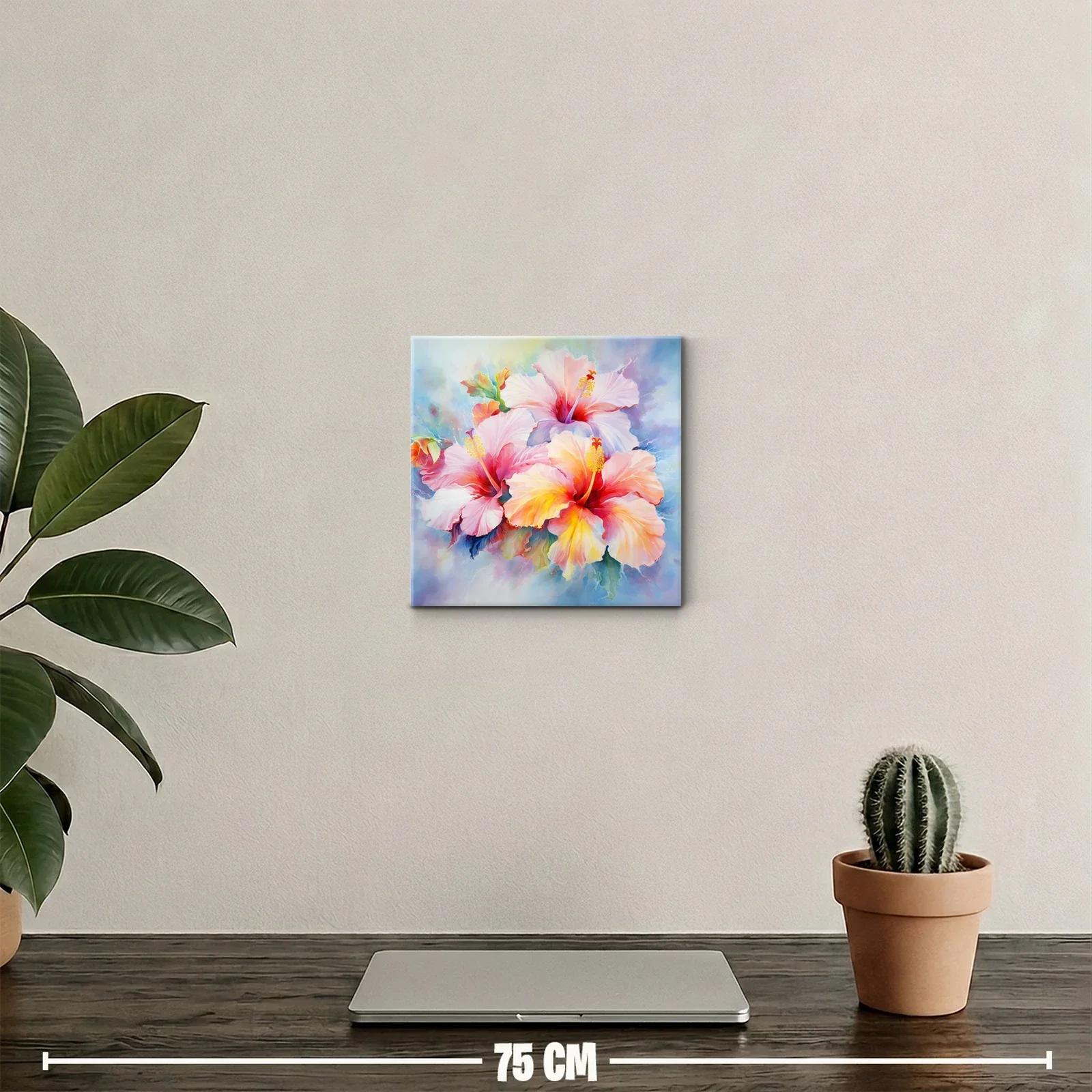 Cuadro decorativo de hibiscos en tonos pastel vibrantes — miniatura 2