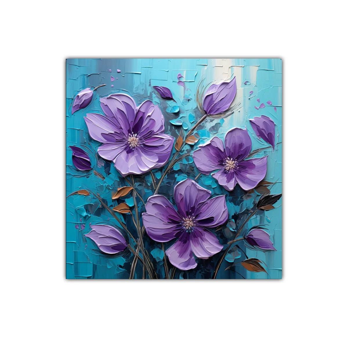 Cuadro floral con flores en tonos violeta y fondo azul — imagen principal