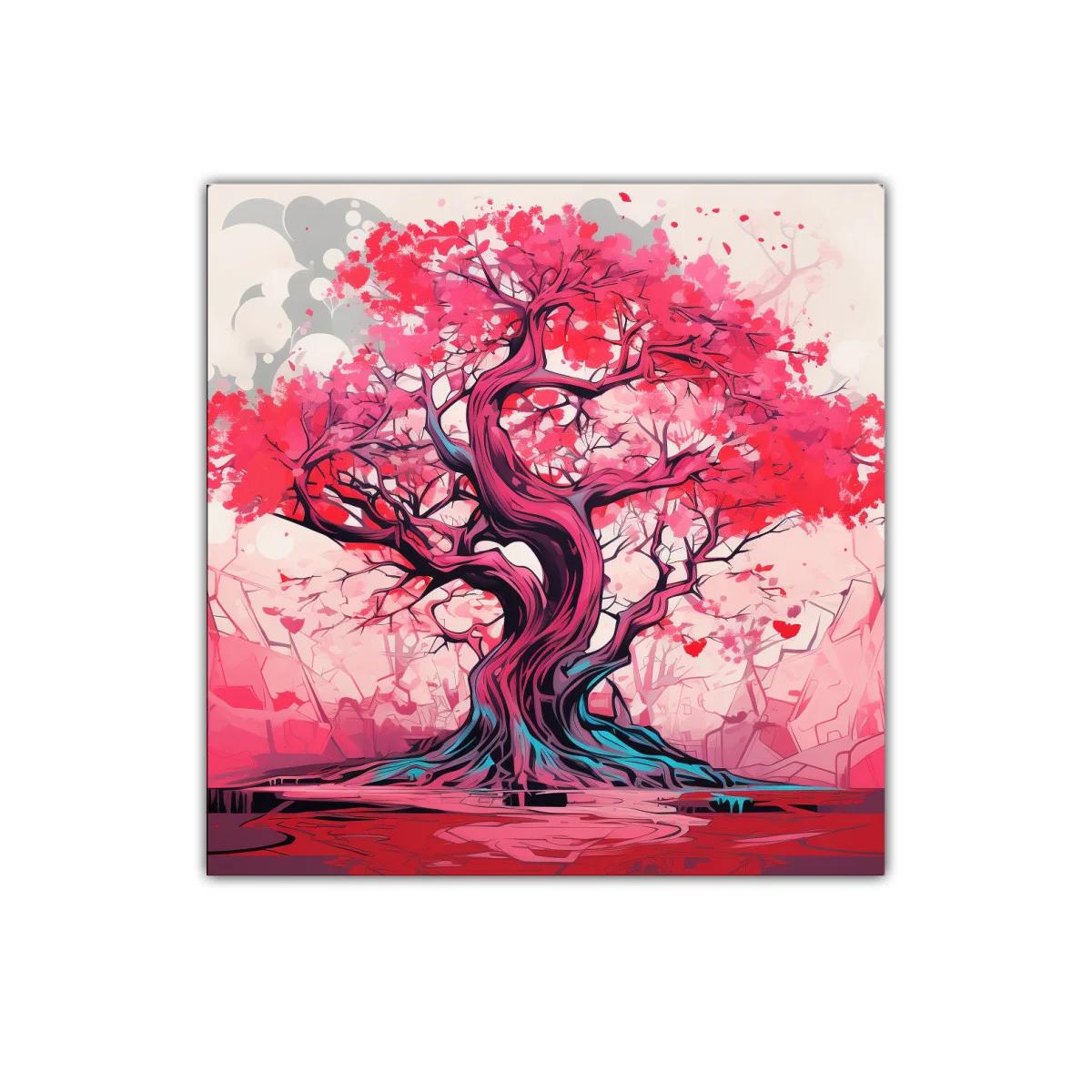 Árbol vibrante con tonos rojos y rosas impactantes