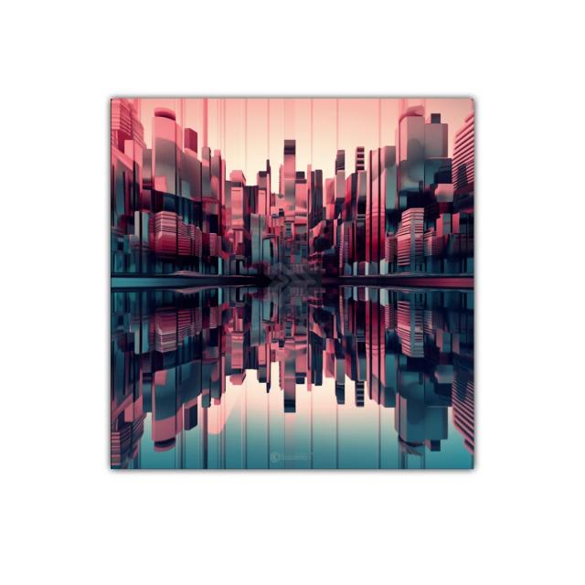 Ciudad futurista reflejada en tonos rosa y azul oscuro