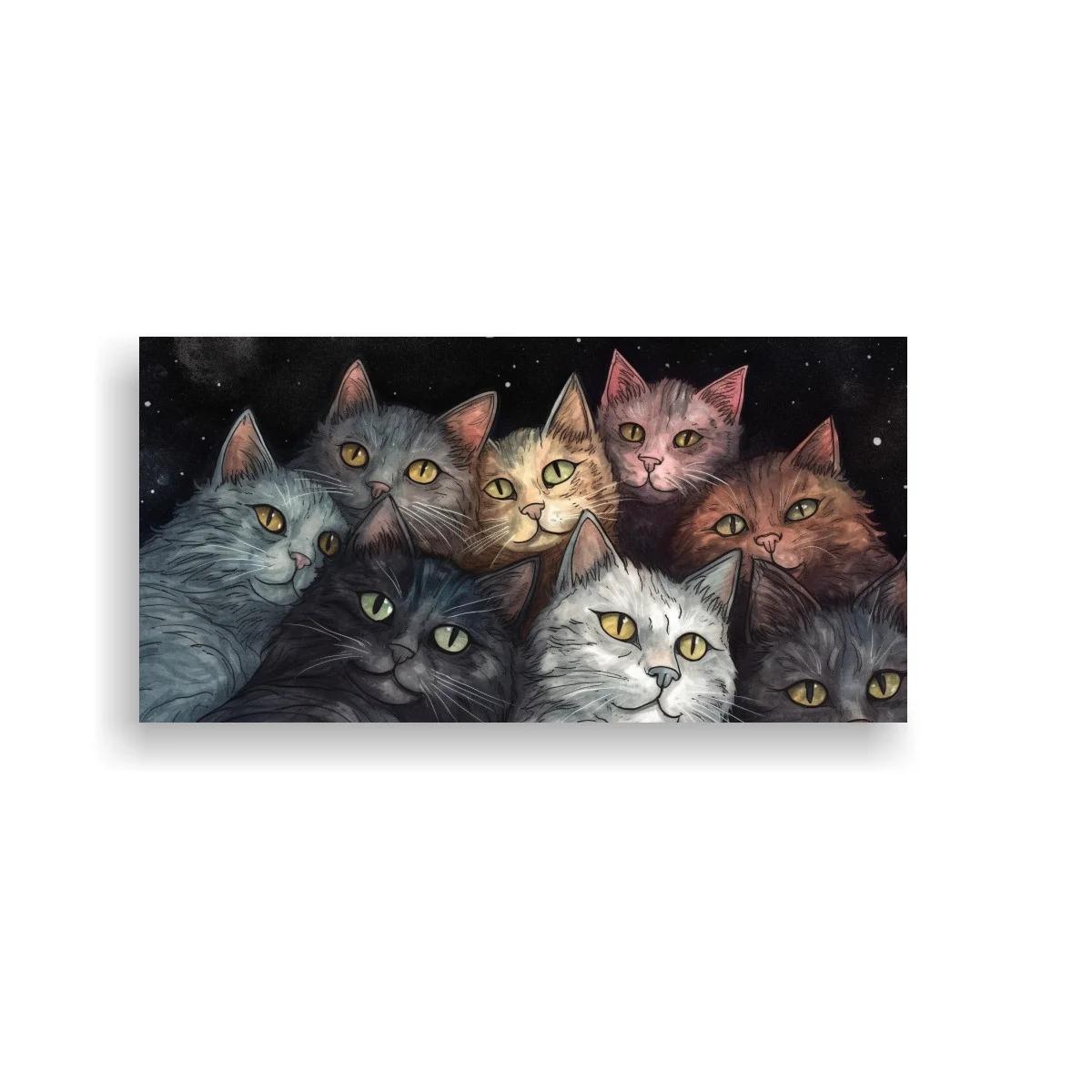 Cuadro grupo de gatos con fondo oscuro y puntos estelares