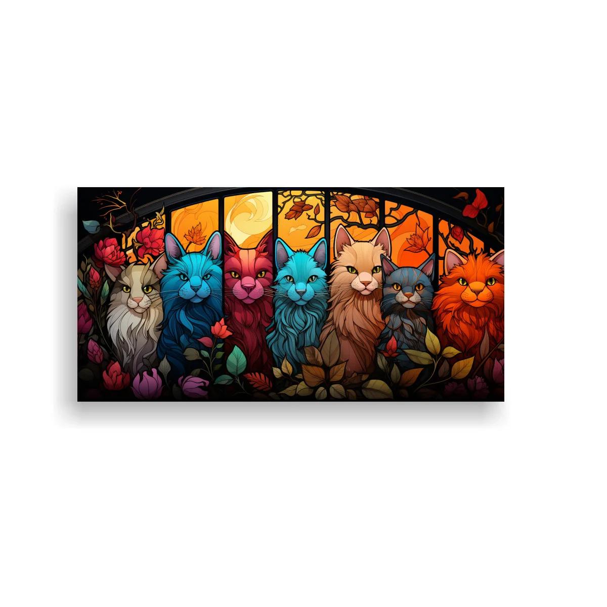 Cuadro gatos de colores en vidriera floral