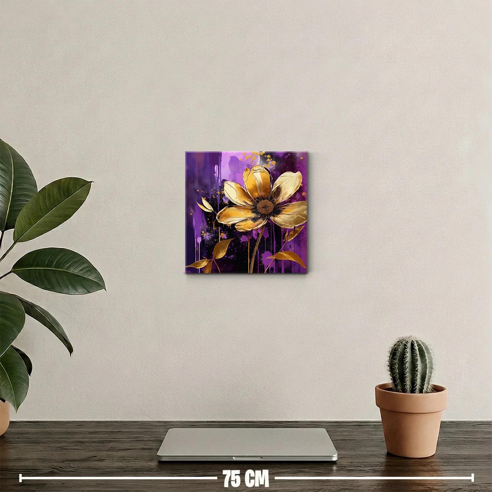 Cuadro decorativo con flor dorada sobre fondo violeta intenso — miniatura 2