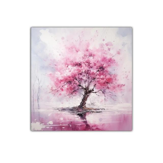 Árbol con vibrante floración en tonos rosas y reflejo