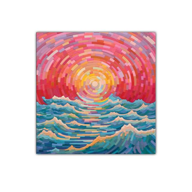 Cuadro vibrante con olas y sol en tonos cálidos y fríos