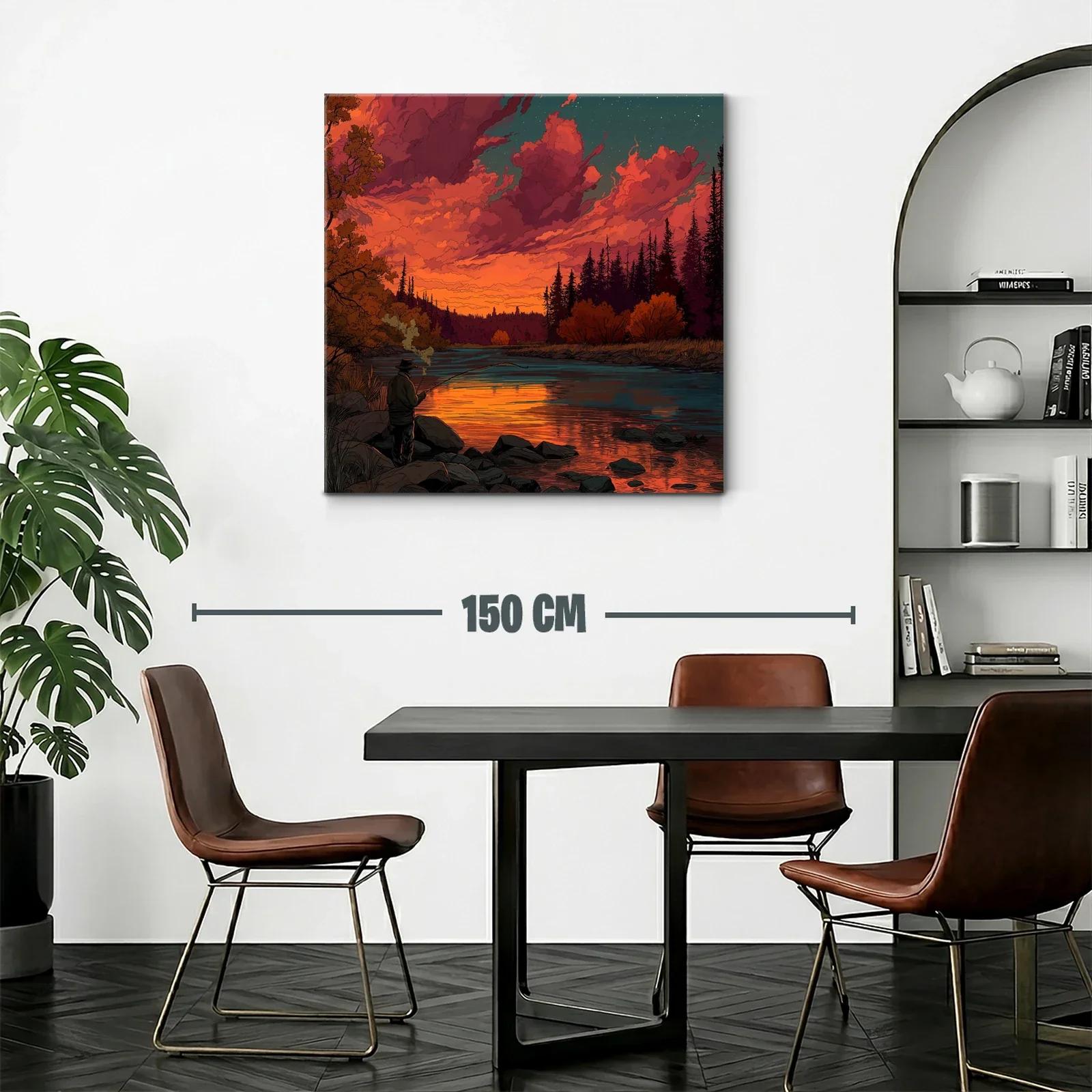 Puesta de sol vibrante en río con pescador solitario — miniatura 2