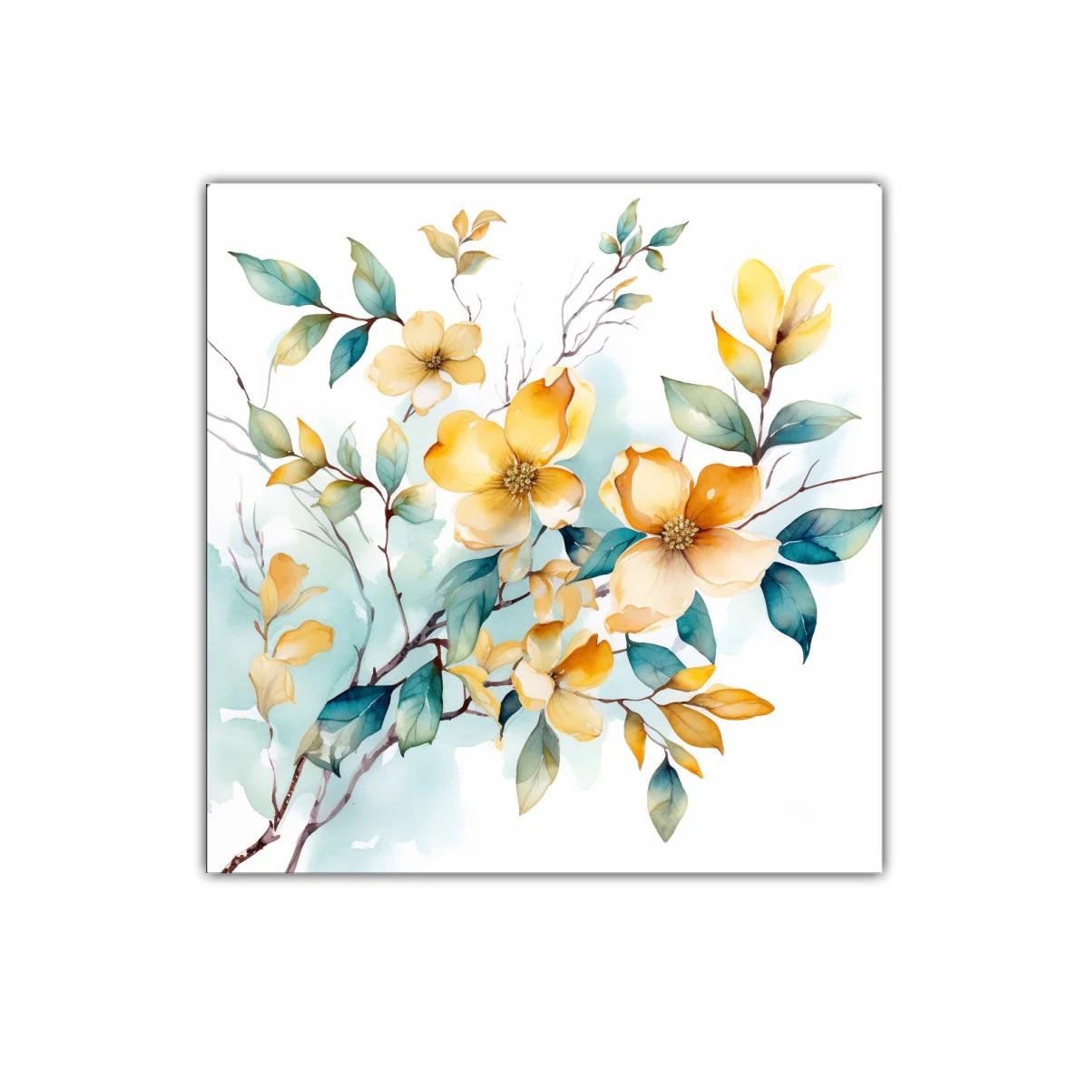 Cuadro decorativo con flores amarillas y hojas verdes — imagen principal