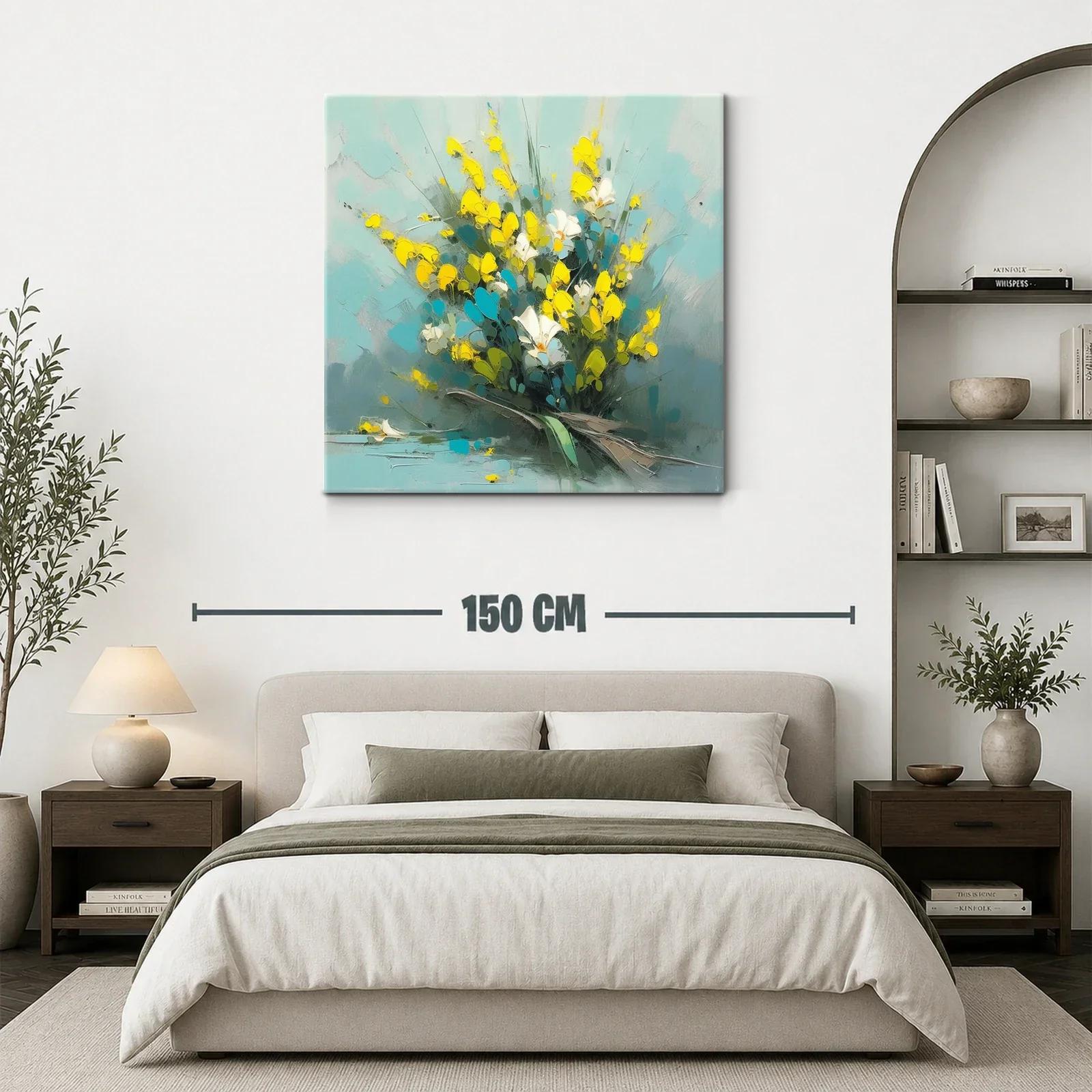 Ramo vibrante con flores amarillas y blanco sobre fondo azul — miniatura 3