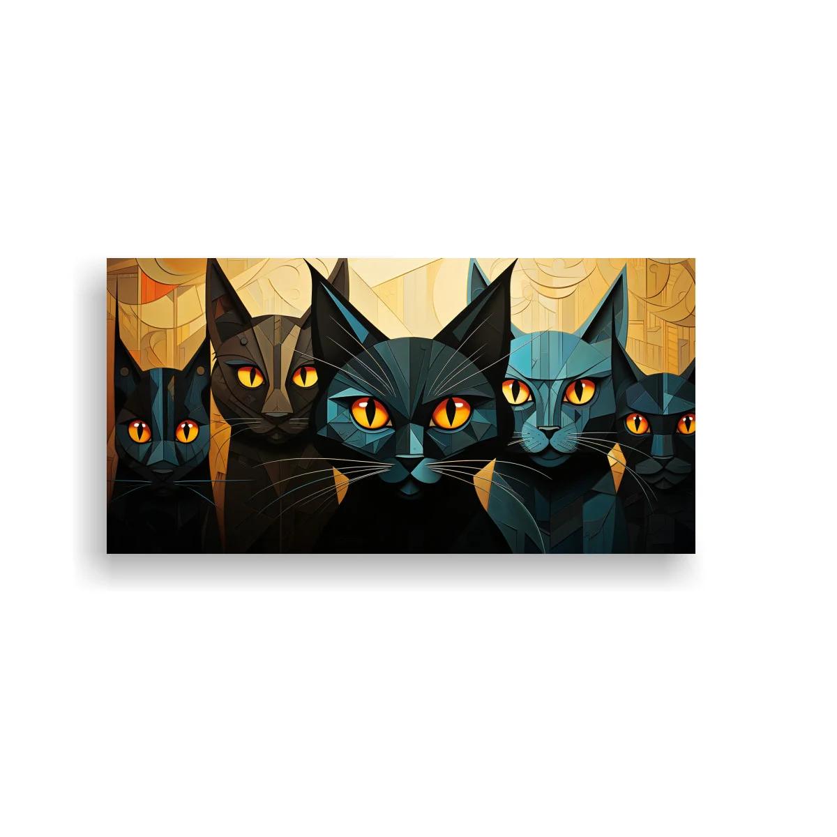 Cuadro gatos negros sobre fondo geométrico