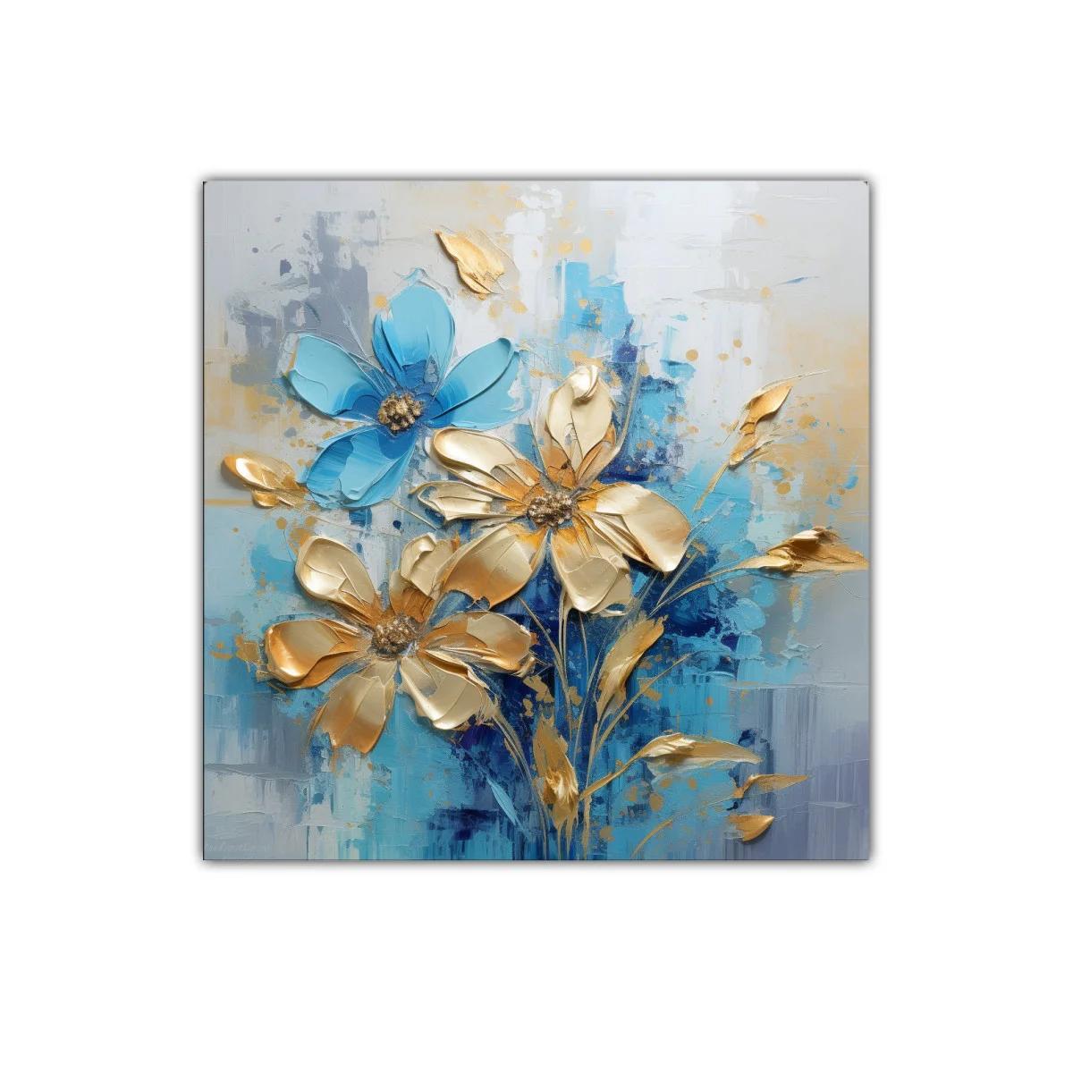 Flores doradas y azules con textura en composición elegante