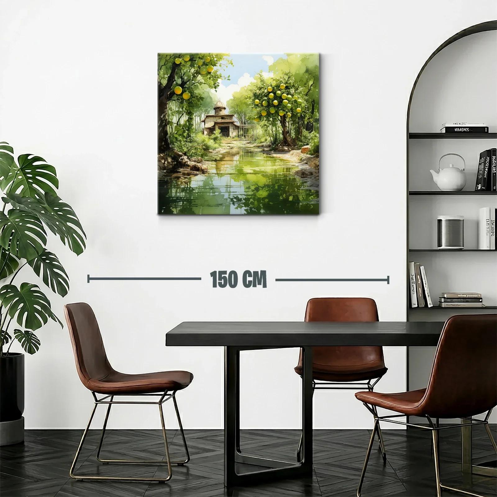 Paisaje sereno con casa y árboles frutales junto al río — miniatura 2
